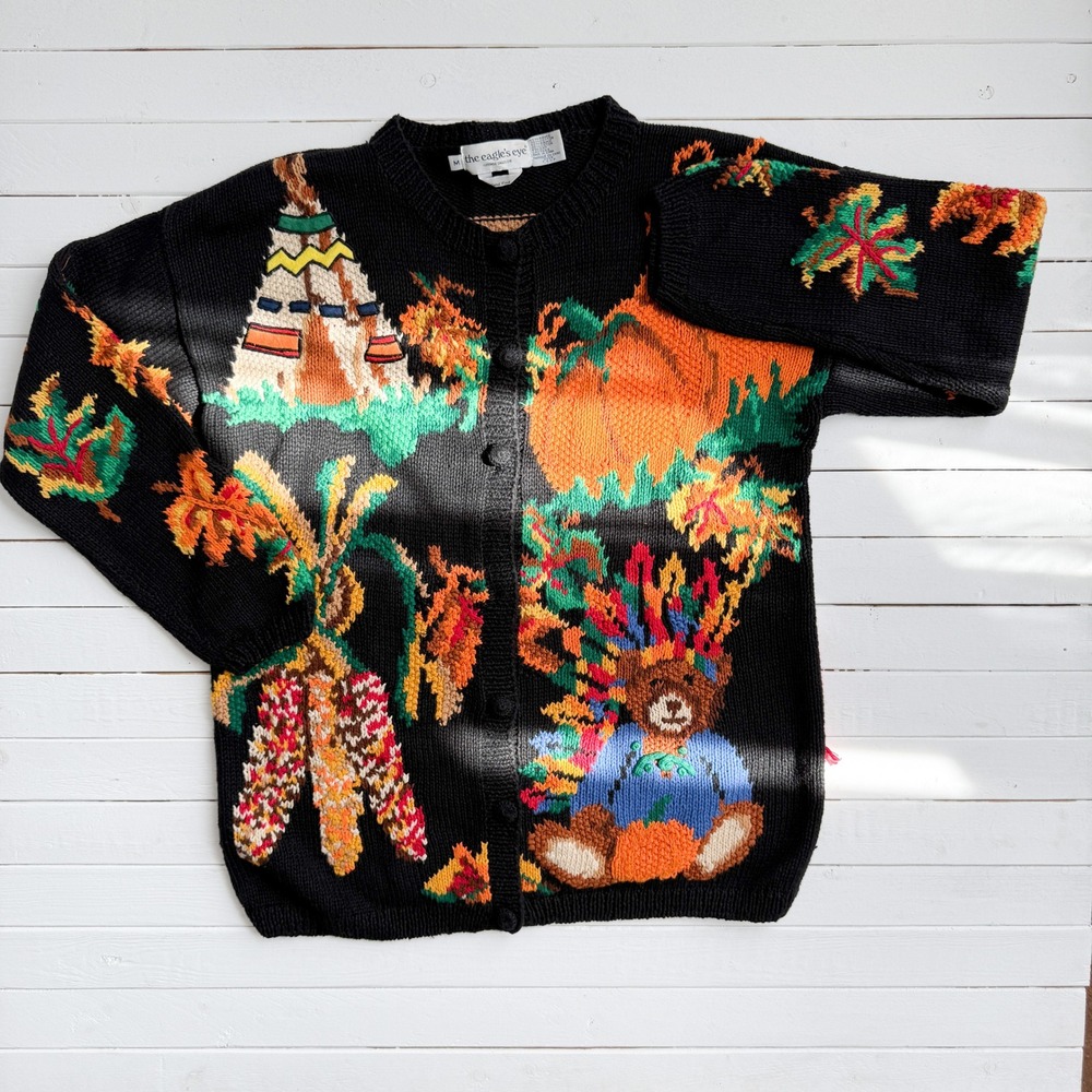 vtg Eagles Eye Thanksgiving teddy bear feast‎ hand knit cardigan sweater size M